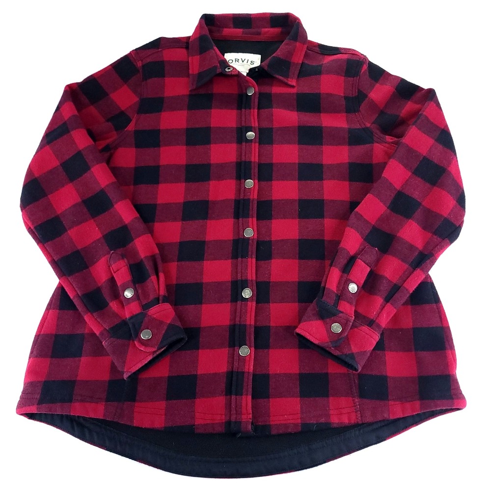 Orvis Shacket Womens Large Red Plaid Flannel Fleece Lined Snap Front Jacket